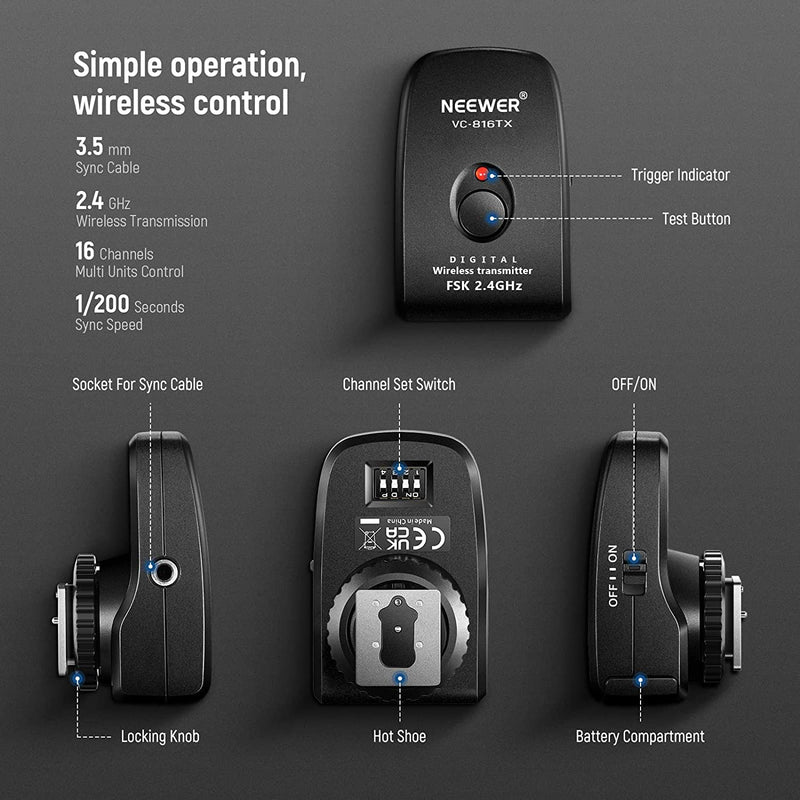 NEEWER 2.4G Remote Trigger, Wireless Transmitter with 16 Channels 49.2 ft/15m Transmission Distance Only for NEEWER Vision4, ML300 Studio Strobe (VC-816TX)