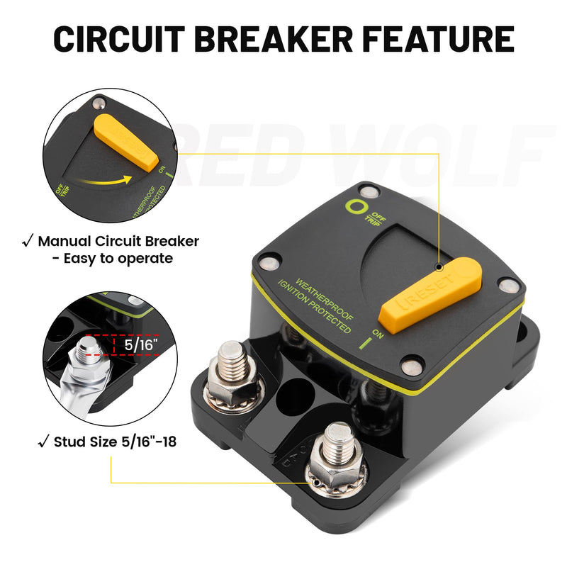RED WOLF 300A Circuit Breaker Switch Manual Reset DC 12-24V, 5/16"-M8 Stud for Car Audio RV Marine Boat Truck Trolling Motors Stereo Audio Electronic Battery Solar System