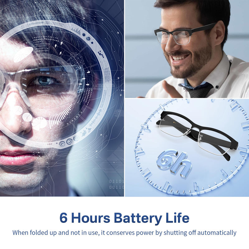 Bluetooth Audio Smart Glasses, Blue Light Glasses for Women and Men, Open Ear Sound with Mic & Speakers, Blue Light Filter & Polarized Sunglasses Lenses, Voice Assistant (Silver) Black-silver
