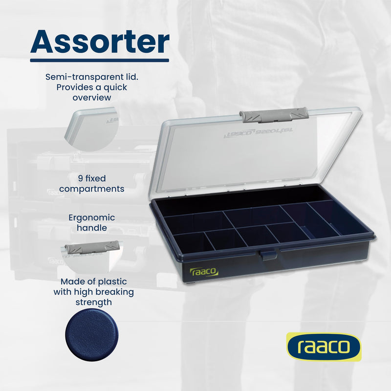 Raaco Assorter Tool Box Organizer – Medium – 9 Slots Fixed Grid with Semi-Transparent Lid, Polypropylene (PP) Storage Box for Screws, Nuts and Bolts, Small Parts & Hardware (Assorter 5-9) Medium –9 Slots