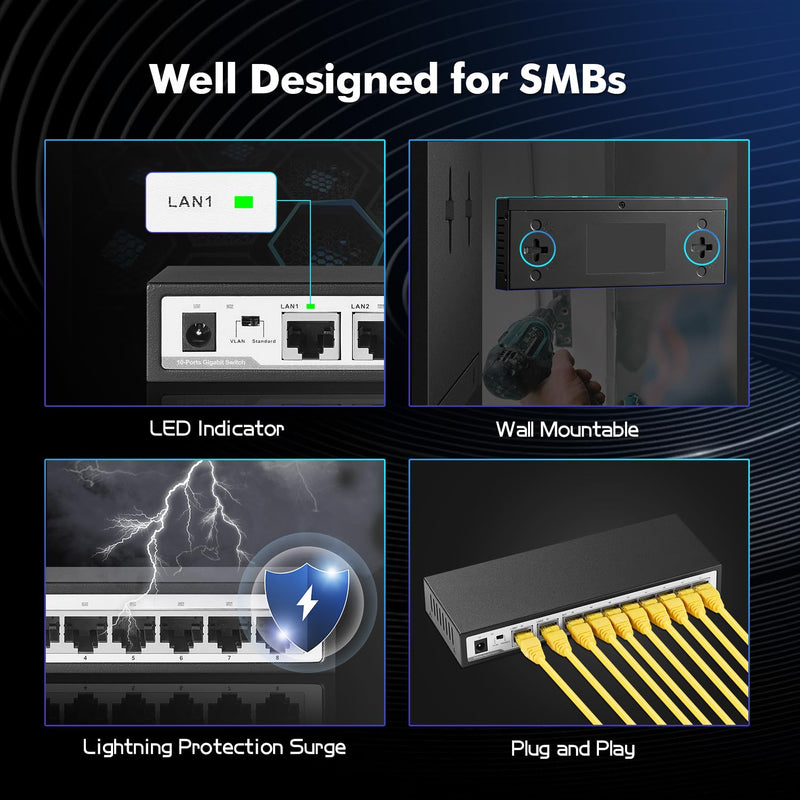 10 Port Gigabit Switch, 8 x 100/1000Mbps Ports, 2 Gigabit Uplink, Support Vlan, Metal Fanless Unmanaged Plug and Play YuLinca Ethernet Switch 10x1G
