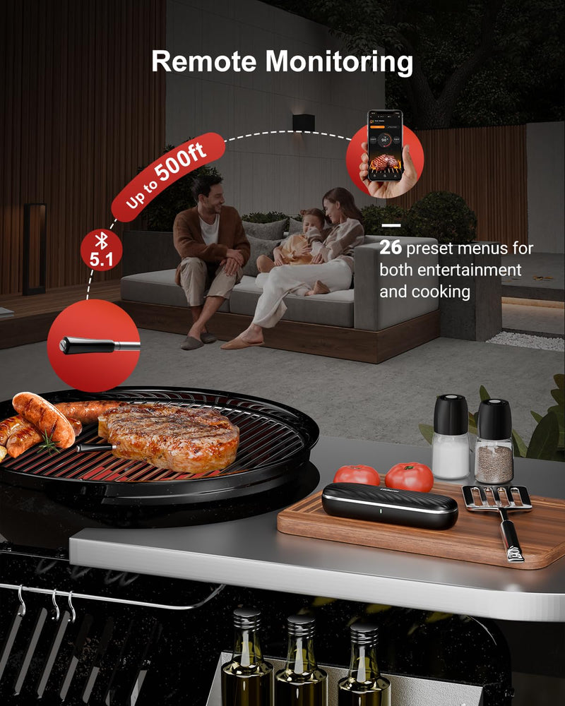500ft Bluetooth Wireless Meat Thermometer for Smoker, Fitflavor Digital Grill Meat Thermometer Wireless for Grilling BBQ Cooking Oven Rotisserie, Rechargeable Battery, IP67 Waterproof (FNT11-3)