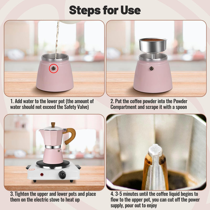 6 Cup Aluminum Moka Pot Classic Stovetop Espresso Coffee Maker 300ml 10oz Coffeemaker Percolator Mocha Pot Greca Coffee Maker Cafe Makers for Italian and Cuban Café Brewing Pink 6 Cup