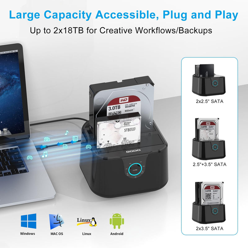 GODO USB 3.0 to SATA III Mini Dual Bay External Hard Drive Docking Station for 2.5/3.5 inch HDD SSD,Support Offline Clone,Hot Pluggable,UASP (5 Gbps) and Max 2 Bay-Black