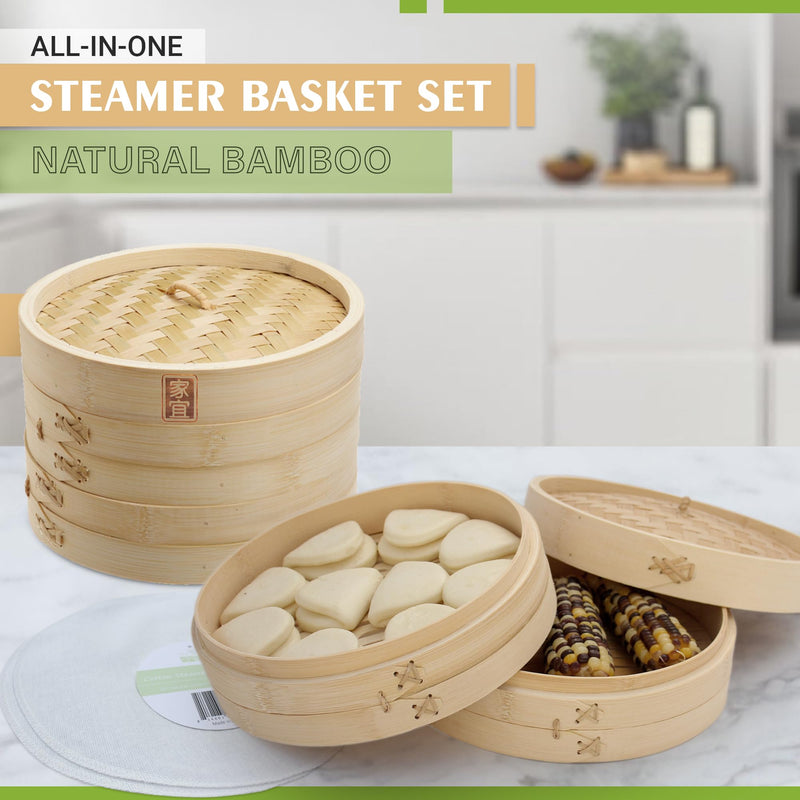 Zoie + Chloe Bamboo Steamer Basket - 2-Tier Dumpling Steamer for Cooking with 2 Reusable Cotton Liners for Bao, Dim Sum, Veggies, Asian Steamed Buns -Stackable, Space-Efficient - 8-Inch Steam Basket 8 INCH