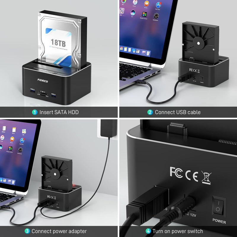 FIDECO Hard Drive Docking Station, USB 3.0 SATA to HDD Docking Station for 2.5 & 3.5 inch SATA HDD/SSD, Dual Bay, Support Offline Clone (Aluminum and ABS) Aluminum+ABS