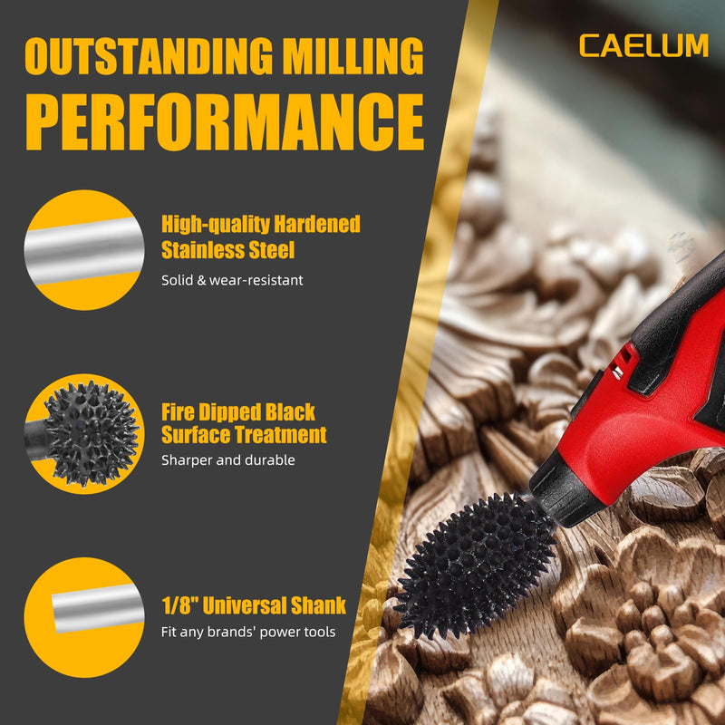 CAELUM 2Pcs Carbide Rotary Burr Kit, 1/8" Shank Wood Carving Burr Bits for Dremel Rotary Tools, Coarse Sphere & Flame Bits for Fast Shaping, Hollowing, Grooving, Wood, Plastic, Rubber & Foam 2Pcs-Flame, Sphere