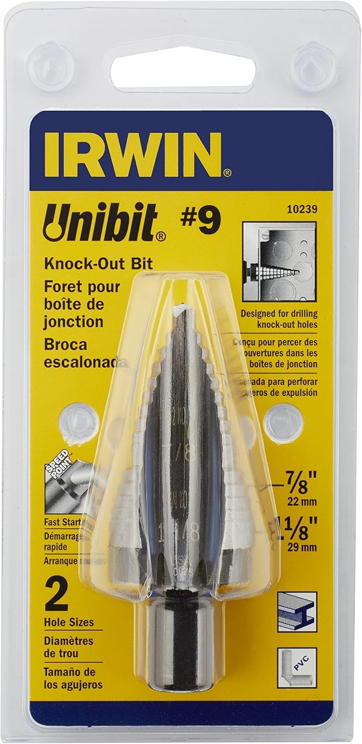 Irwin Tools Unibit #9 7/8-Inch and 1-1/8-Inch Step-Drill Bit, 1/2-Inch Shank (10239) #9 (7/8" + 1-1/8") High Speed Steel
