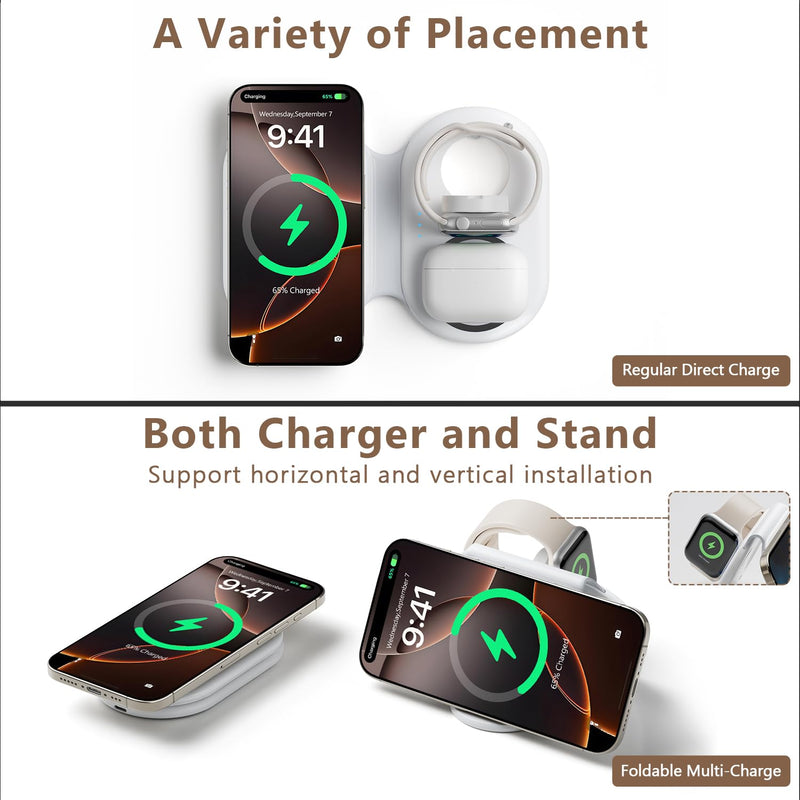 2025 Latest Magnetic Wireless Charger for iPhone: 3 in 1 Travel Charging Station for Apple Devices for iPhone 16 15 14 13 12 Pro Max Plus-Foldable Charging Pad for Apple Watch Series & Airpods 3 2 Pro white