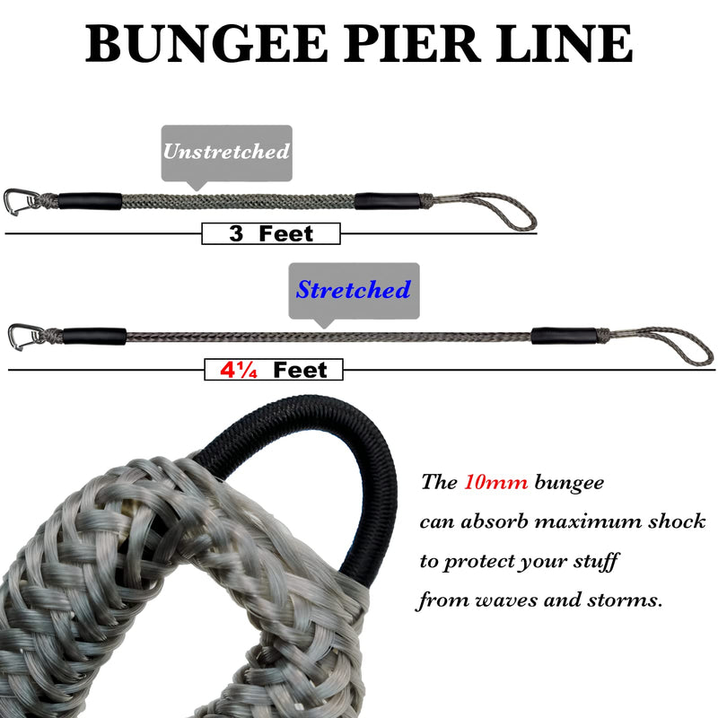 316 Stainless Clip 3 Feet Boat Bungee Dock Lines 2PCS Boat Accessories Marine Grade Quickly Mooring for Jet Ski, SeaDoo,Kayak, Pontoon Boat, Dinghy 3~4.5 Feet (Grey, 3 Feet) Grey
