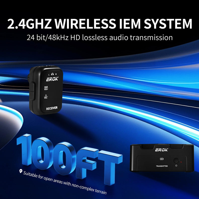 EROK 2.4G Wireless in-Ear Monitor System,Stereo Low Latency,Transmitter with Charging Base & Auto-Pairing Receivers,One-to-More for Home Recording & Small Gigs(1*Set) 1*Set