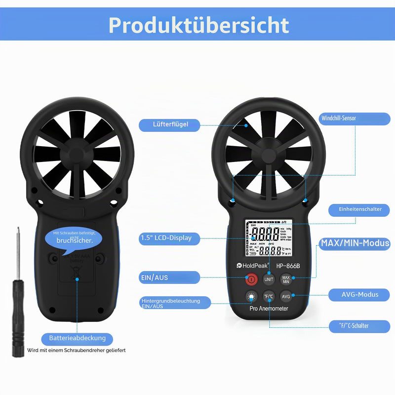 Anemometer Wind Gauge, Digital Wind Speed Meter, Wind Speed/Wind Cooling, ℃/℉, Max/Min/Average/Real-time Measurement with LCD Backlight