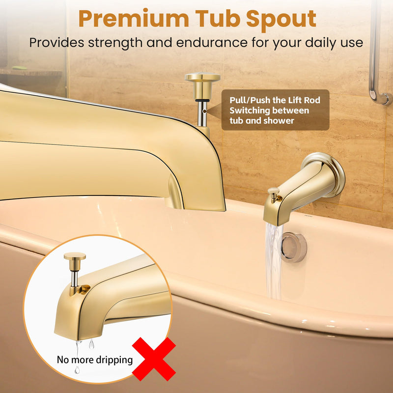 Dreyoo Tub Spout (Universal Fits 1/2" Copper Pipe, 1/2" IPS and 3/4" IPS), Bathroom Bathtub Faucet with Adapters and Hex Wrench(Polished Brass,Simple) Polished Brass Simple