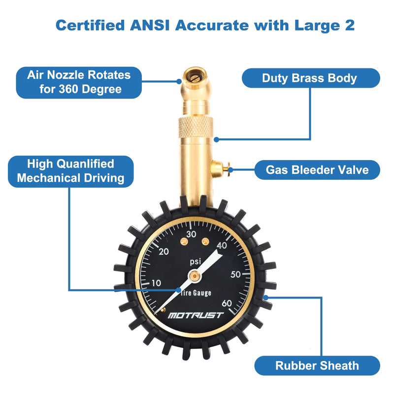 Tire Pressure Gauge with Large 2 Inch Scale Glowing Dial, 0-60 PSI Heavy Duty Air Pressure Gauge, Tire Gauges for Tire Pressure, Certified ANSI Accurate, Portable for Cars,SUV and Truck