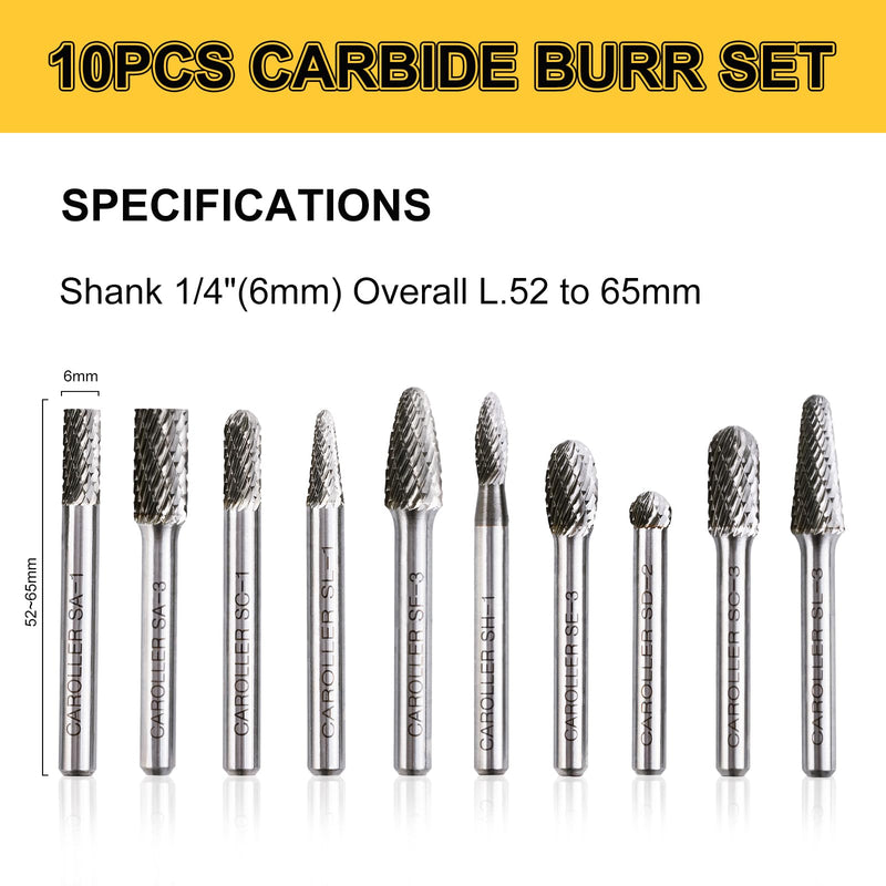 CaRoller Carbide Burr Set, 1/4" Shank 10PC Double Cut Die Grinder Rotary Tool Cutting Burrs Set for Metal and Wood Working Carving, Engraving, Polishing, Grinding with Portable Round Storage Case 10PC 1/4 shank