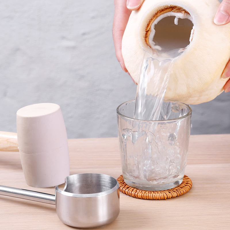 Coconut Opener Tool Set, Stainless Steel Coco Opener Kit for Coconut Young & Mature, Coconut Shell Puncher Knife, White Rubber Hammer with Wood Handle, Silicone Mat Shockproof 3 In 1 White Hammer Kit