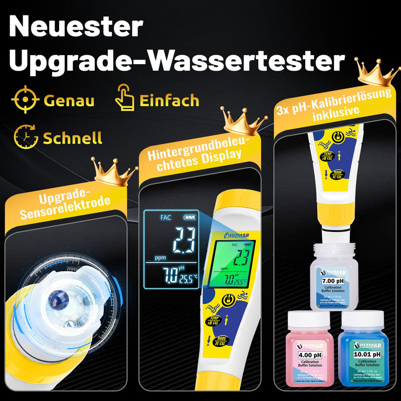 UIUZMAR Digital pH and Chlorine Meter Pool, 7-in-1 pH Salt Tester for Spa | Multifunctional pH salt content EC TDS ORP meter with simultaneous display for whirlpool, swimming pool, hydroponics yellow