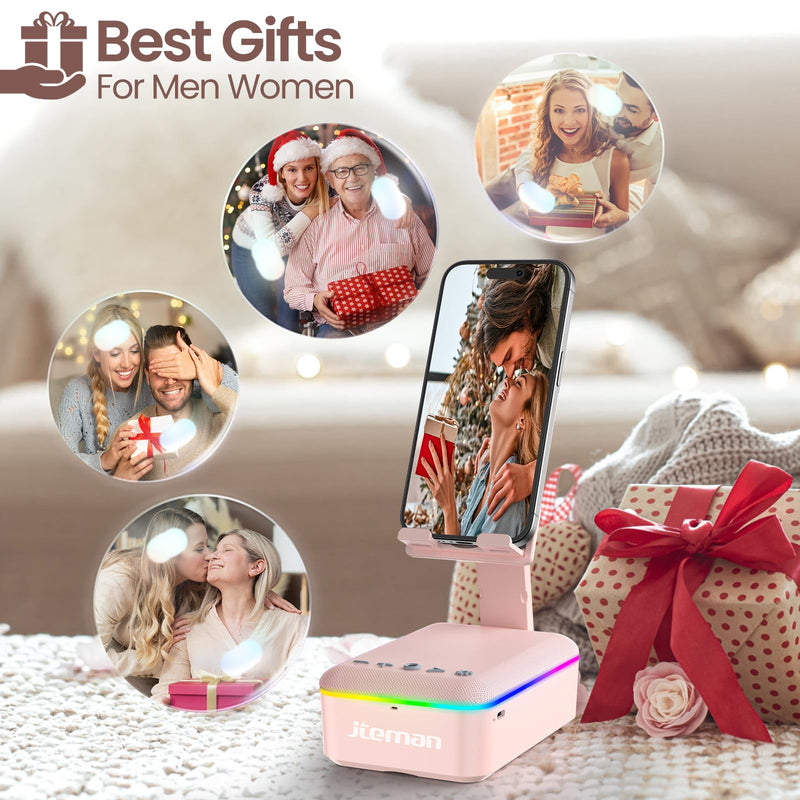 JTEMAN Gifts for Men Women,Cell Phone Stand with Bluetooth Speaker and LED Light,Cool Tech Gadgets,Unique Birthday Gifts for Men Husband Mom Dad-Pink Pink