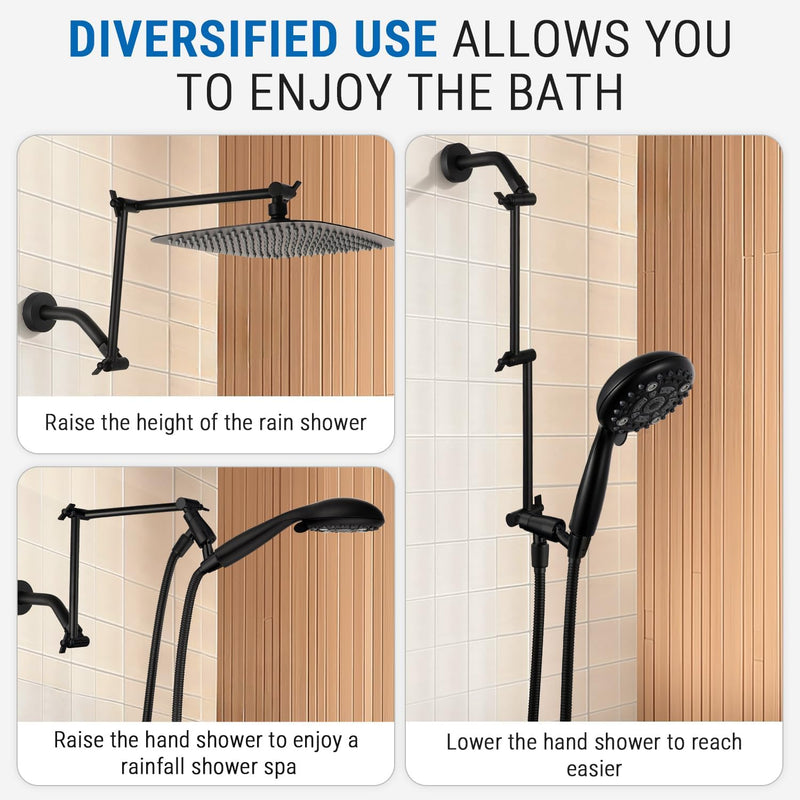 G-Promise 18 Inch Shower Head Extension Arm, Solid Brass Height & Angle Adjustable Extender, Rise or Lower Rainfall and Fixed Shower Head (Matte Black) Matte Black