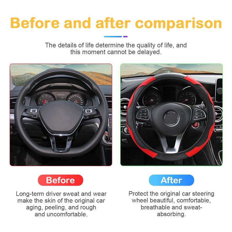 Car Steering Wheel Cover, 15 inch Carbon Fiber Microfiber PU Leather Elastic Steering Wheel Protector for Men Women, Anti-Slip Breathable Car Interior Accessories for Most Cars (Red) Red