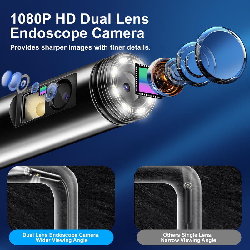 [Dual Lens] Endoscope Inspection Camera by AURTEC, Dual HD Lens, IP68 Waterproof, 33FT/10M Semi-Rigid Cable, Borescope Camera with LED Lights, Compatible with Android and iOS Devices 33 ft