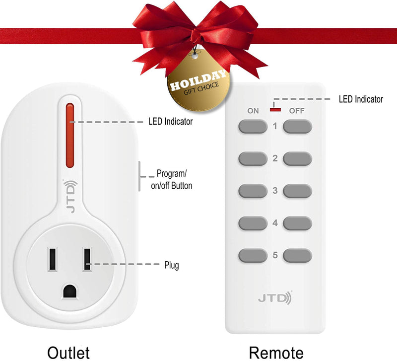 JTD ® 5 Pack Remote Control Outlet Switch 3rd Generation Energy Saving Auto-programmable Wireless Electrical Plug Switch for Household Appliances Lighting & Electrical Equipment (2 Remotes)