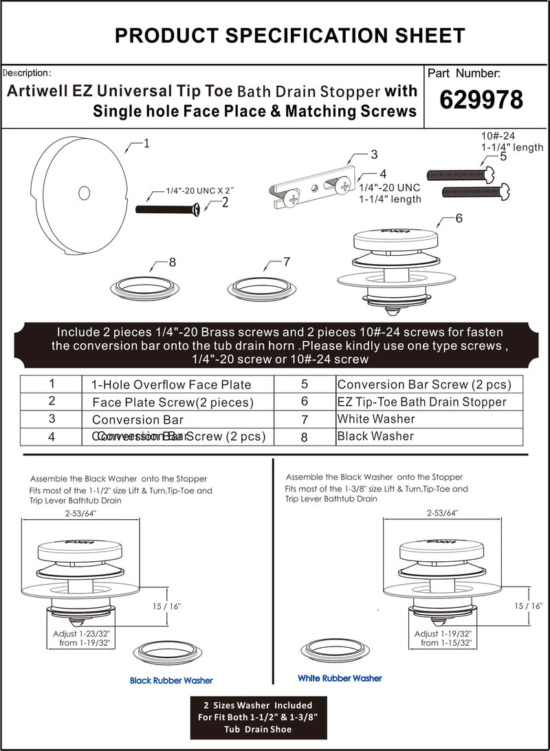 Champagne Bronze Universal Tub Drain Tip Toe Tub Conversion Kit Assembly, Artiwell EZ Installation Bathtub Drain Replacement Trim Kit with 1-Hole Overflow Face Plate and Pop-Up Tub Stopper Champagne Bronze