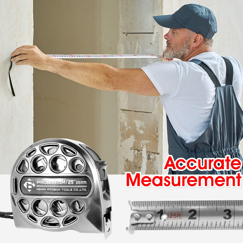 Tape Measure, 25FT Stainless Steel Retractable Measurement Tape Ruler with Double-Sided Scale, Waterproof & Rustproof 7.6 m Cool Gray