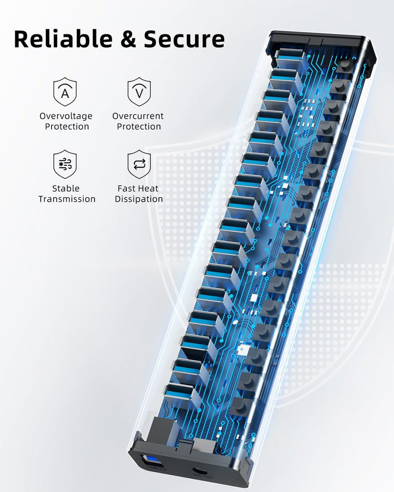 AGEEN 16-Port USB 3.2 Gen 2 Hub, 10Gbps High-Speed Aluminum Powered Hub with 96W Adapter, Individual Switches & Surge Protection for PC/Laptop, Flash Drive, Printer, Camera