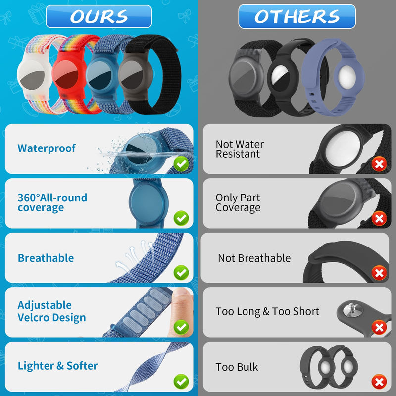 Waterproof Airtag Bracelet for Kids (4 Pack), Soft Nylon Hidden Air Tag Wristband Full Cover Lightweight GPS Tracker Holder Compatible with Apple Airtag Band for Toddler Child (Black/Blue/ 2 Rainbow) Black/Blue/Deep Rainbow/Light Rainbow