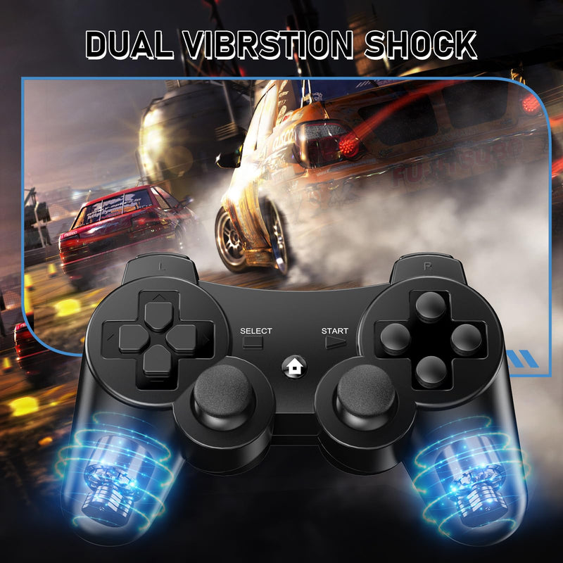 Diswoe Controllers for PS-3, Wireless PS-3 Controller 2 Pack, Bluetooth Gamepad Joystick, Double Vibrating Controller for Play_station 3 with 2 USB Charging Cables Thump Grips, Black Black+Black