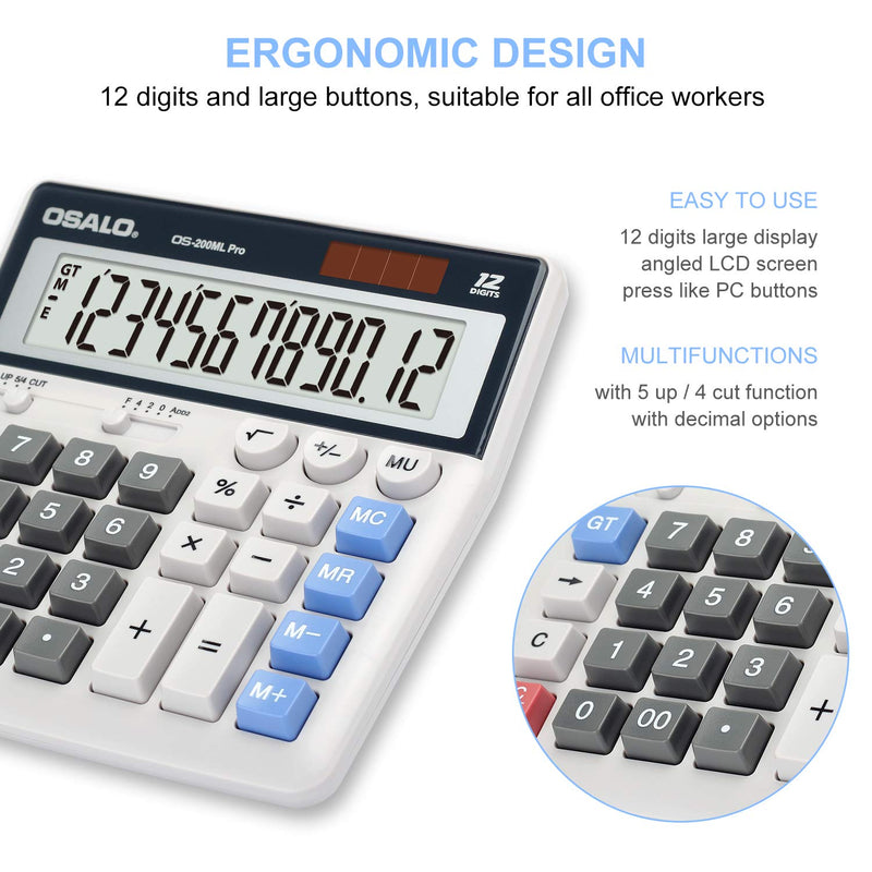 OSALO Desktop Calculator Extra Large Display 12 Digits Big Buttons Solar Calculators Accounting