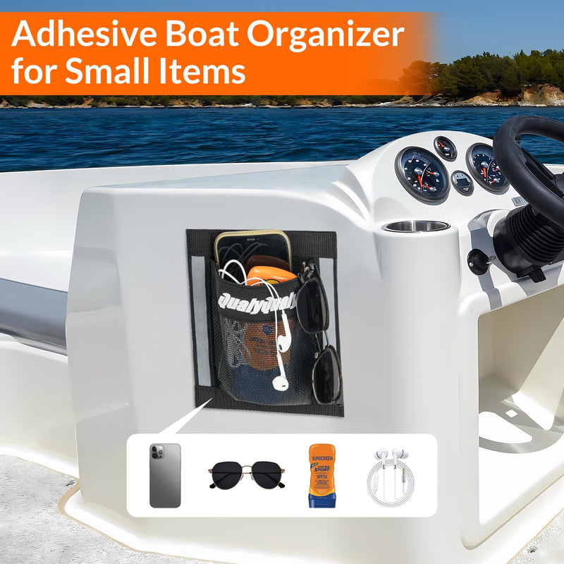 QualyQualy Self-Adhesive Boat Cup Holder Phone Holder, 2-Pack Boat Organizers and Storage Bag with Strong Adhesive, 6.5"x7.5" Boat Caddy, Securely Tools Holds Large Drink Bottles (3.3" In Dia) Cup Holder: 6.5" (W) x 7.5" (H)