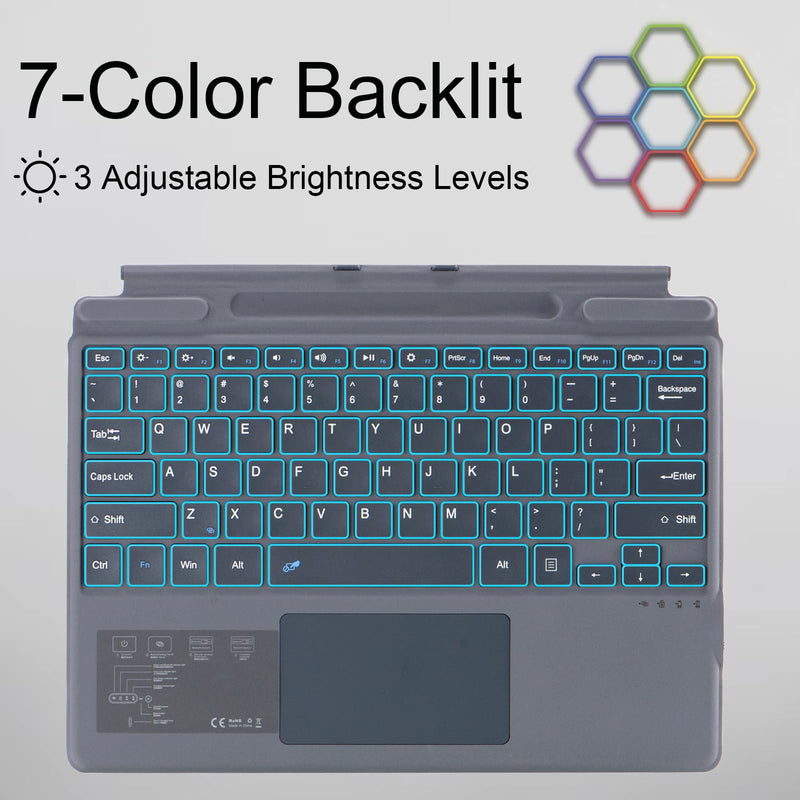 Type Cover for Microsoft Surface Pro 10 / Pro 9 / Pro 8 / Pro X, 13 inch, Portable Slim Wireless Keyboard with Touchpad Tablet Keyboard (Gray with Backlight) Gray With Backlight