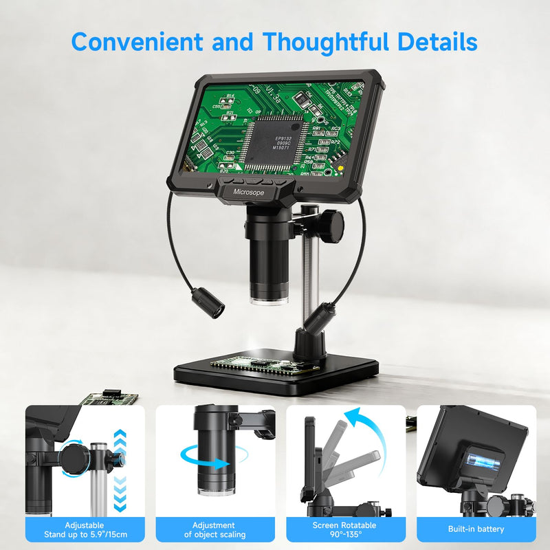 Digital Microscope for Adults Kids 7inch Screen Coin Magnifier Microscopes for Error Coins PCB, Bugs, STEM Learning, Soldering Electronics Microscopes Camera Black