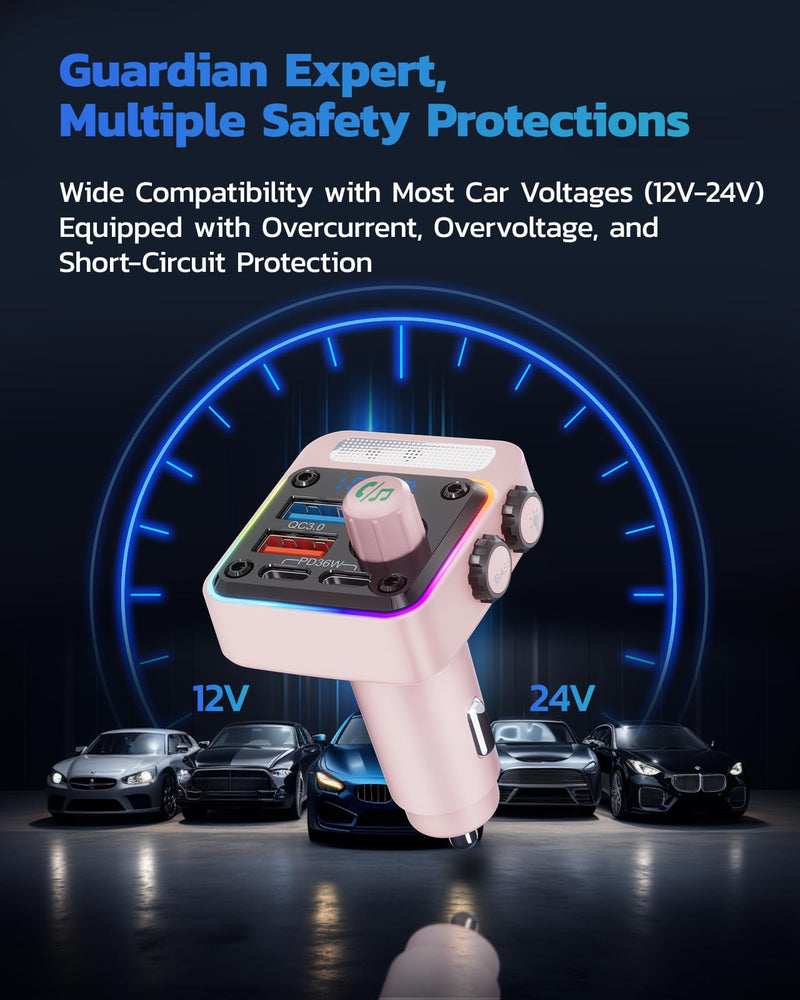 Nulaxy 54W Bluetooth 5.3 Car Adapter with 4 Charging Ports [PD 36W & QC3.0 18W], Wireless Radio FM Transmitter with Deep Bass Player & 5 Colors LED Backlit, Hands-Free Calling - NX16 Pink E-Pink