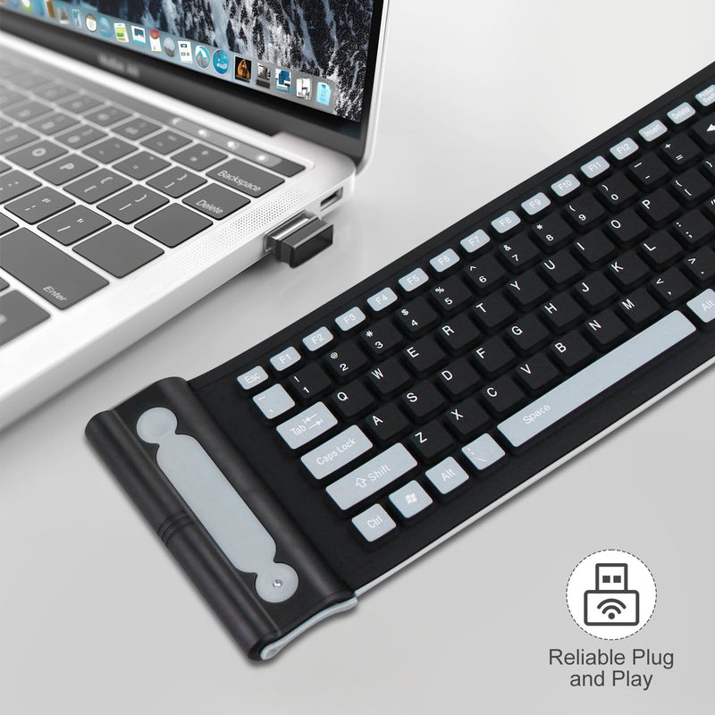 sungwoo Wireless Silicone Keyboard, 2.4GHz Wireless, Foldable Rollup Keyboard, Waterproof, Dustproof and Lightweight, Perfect for PC, Notebook, Laptop and Travel(Black)