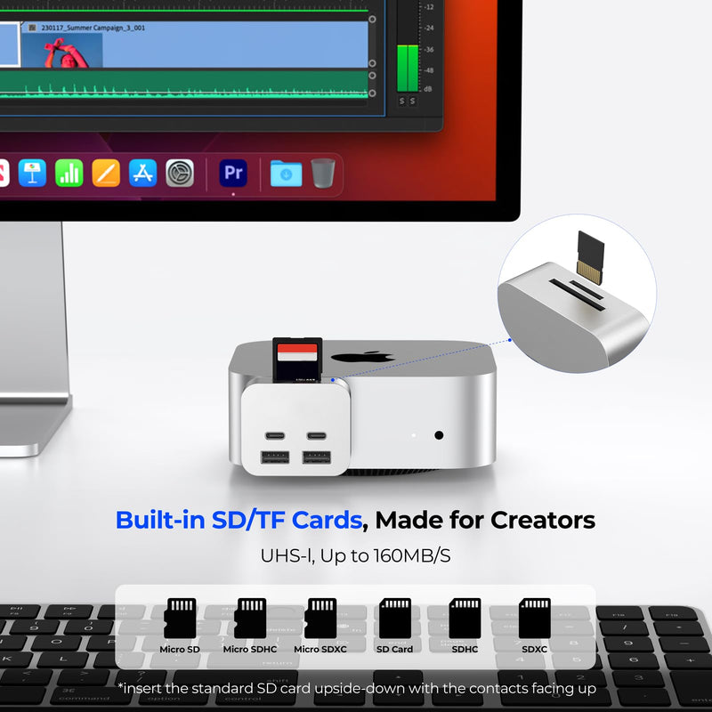 Mac mini M4 Dock, MiniPack Expansion Dock, 6-in-1 Aluminum Mac mini M4 Hub with 2xUSB A 10Gbps, 2xUSB C 10Gbps, SD/TF Card Readers with High-Speed Data Transfer & Multi-Device Connectivity