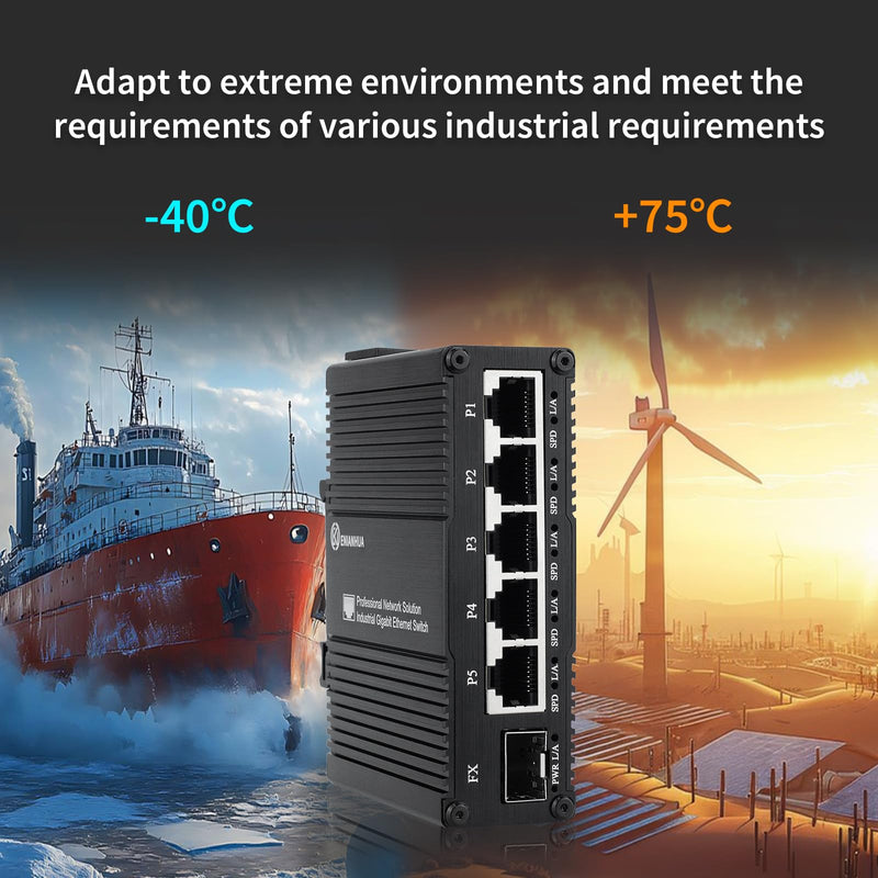 6 Port Unmanaged Ethernet Network Switch with 5* 10/100/1000 Base-T Ports, 1*1000Base-X SFP Port, 14Gbps Switching Capacity, Plug and Play, Din Rail Mount or Wall Mounts, Support 110~220V AC