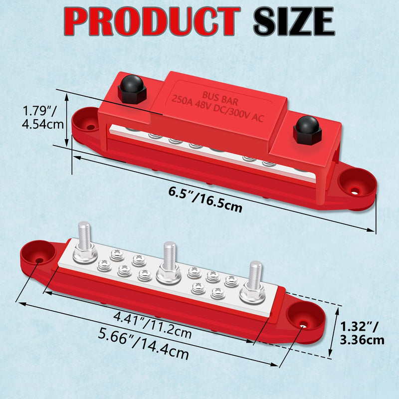 12V 250A Bus Bar Marine 3 x 5/16"(M8) Posts, 10 x #8(M4) Screws Terminals, Power Distribution Block for Car and Boat (Black+Red) Style A-250A