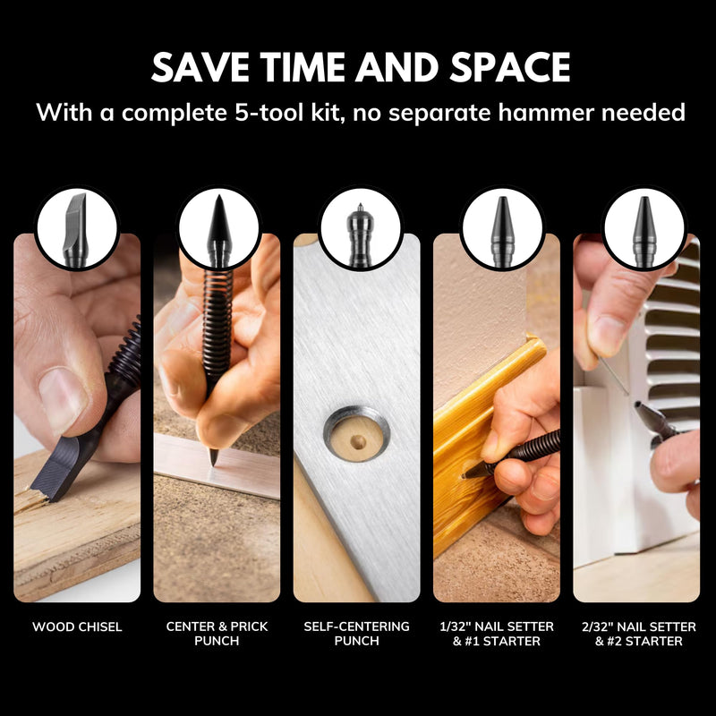 Deluxe Woodworking Kit by HIT Tool – 5-Piece Spring-Loaded Set with Nail Starters, Chisel, Center Punches & Self-Centering Punch – Compact, Hammerless Tools in Carrying Pouch – USA Made, Carbon Steel Deluxe Woodworking Kit