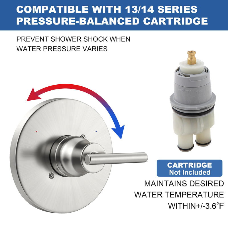 Replacement for D Faucet 14 Series Single-Function Shower Valve Trim Kit, Shower Handle, Brushed Nickel Shower Trim Kit T14059-SS (Cartridge and Valve Not Included) Without Cartridge