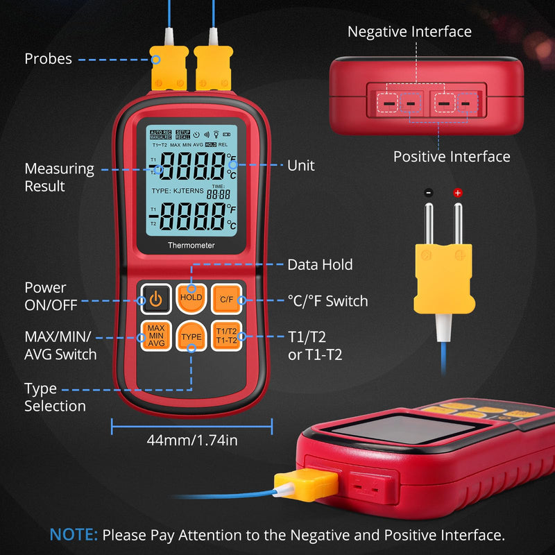 Dual digital thermometer, CAMWAY temperature meter with 2 channels K-type & LCD display backlight, thermocouple sensor probe temperature measuring device for thermocouple types K/J/T/E/R/S/N
