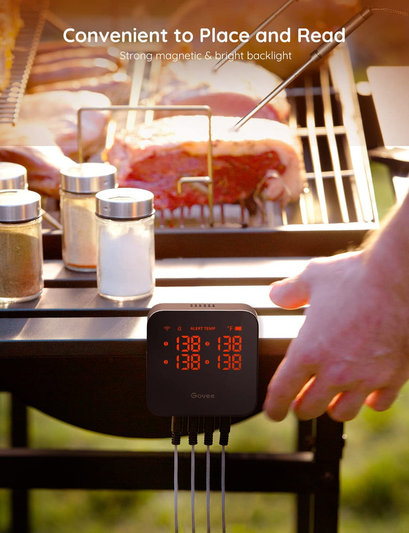 Govee Wireless Meat Thermometer with 4 Probe, Smart WiFi Meat Thermometer with Unlimited Range App Notification Alert, Digital Rechargeable Bluetooth Food Thermometer for Smoker BBQ Grill Oven Kitchen