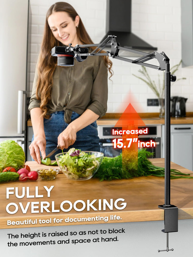 Overhead Camera Mount, 5lb Horizontal Load-Bearing, 360° Adjustable Stand for Desk, Flexible with Phone Clamp, Tabletop Mount for DSLR Camera/Webcam/Microphone Black