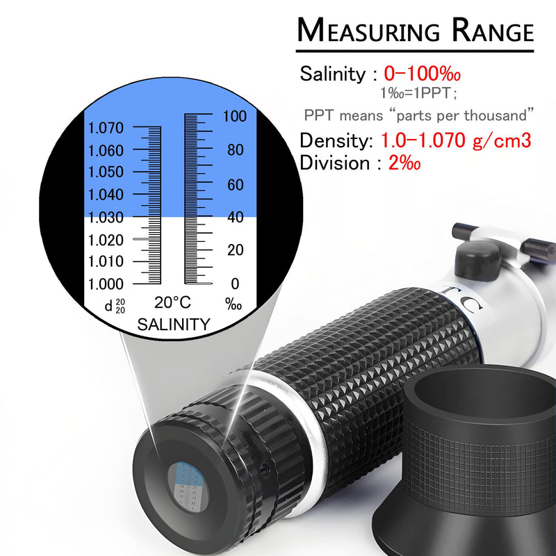 Seawater Salinity Refractometer, Automatic Temperature Compensation Seawater Salinity Hydrometer, 0-100ppt & 1.000-1.070 Salinity Specific Gravity Tester for Aquarium,Pool, Tank, Marine, Fishkeeping Seawater Salinity Refractometer