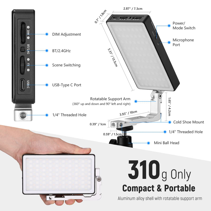 NEEWER RGB Video Light, 2500-10000K CRI97+ On Camera Selfie Light with App & 2.4G Control, 18 Light Scenes, 4300mAh Battery for Photography, SL90