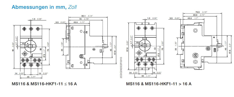 ABB MS116 motor protection switch, 2.5A 690V AC 90mm x 45mm