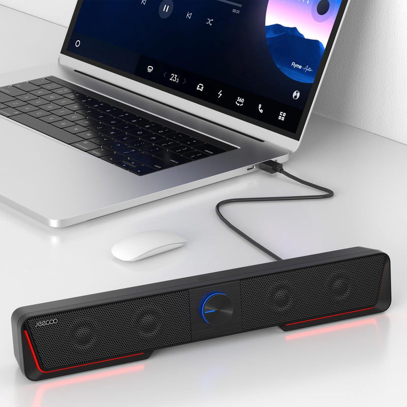 Jeecoo A40 Bluetooth Computer Speakers with Clear Sound, USB Plug & Play PC Speakers with LED Light, Computer Sound Bar with Switch Button for Desktop Laptop Monitor (USB-C Adapter Included) Black
