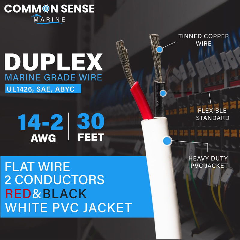 14 Gauge 2 Conductor Marine Wire - 30 ft Duplex Flat Marine Grade Wire Tinned Copper Oxygen-Free Insulated - 14/2 AWG UL 1426 Standard PVC Wire for Boat, Automotive, Speakers, Camper & Trailers 30 Feet (Spooled)